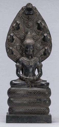 Antique Bayon Khmer Seated Bronze Naga Meditation Buddha