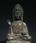 Chinese Ming Bronze Guanyin with Wooden Stand