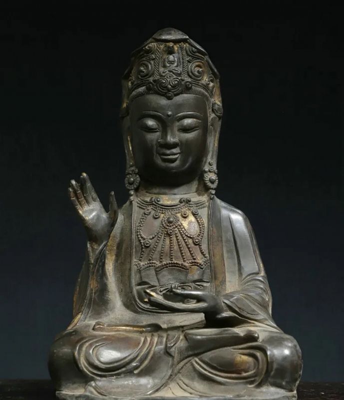 Chinese Ming Bronze Guanyin with Wooden Stand