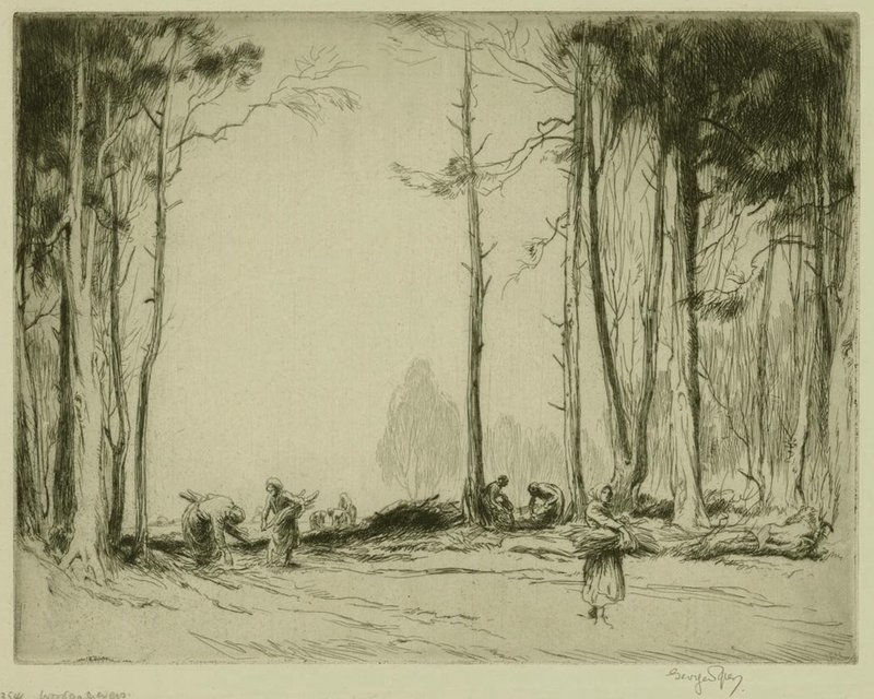 George Soper, etching, &quot;Wood Gatherers&quot;