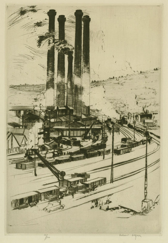 Robert Fulton Logan, etching, Factory Scene