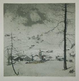 Luigi Kasimir, color etching, Corvara (Dolomites), 1916
