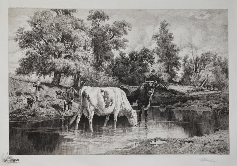 Peter Moran, etching, &quot;Crossing the Ford,&quot; c. 1886-87