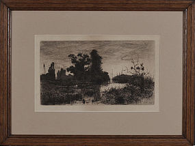 Stephen Parrish, etching, "Evening on the Schroon 1880"