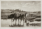 Peter Moran, Etching, "Through the Meadows," 1886