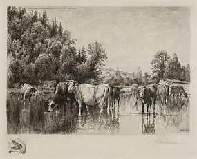 Peter Moran, Etching, "Noonday", 1887