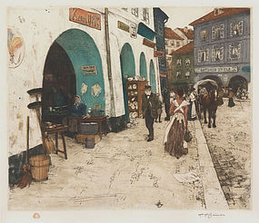 Tavik F. Simon, Color Etching, "From the Coal Market, Prague"