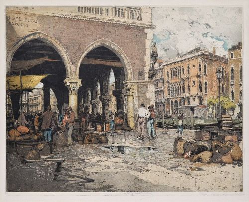 Luigi Kasimir, etching, "Venice Fish Market" c. 1923