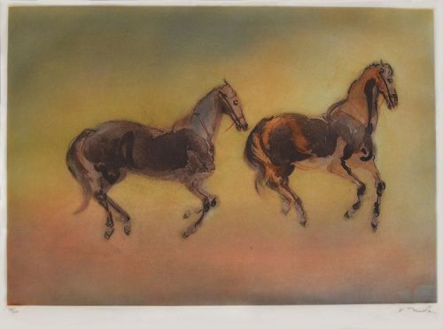 Kaiko Moti, etching, "Two Horses", 1989
