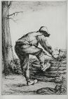 Julius Komjati, etching, "Woodcutter",