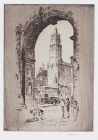 Karl Dehmann, etching, "Woolworth Building Through the Arch"
