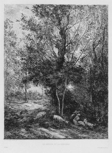 Charles Daubigny, etching, "Le Berger et la Bergère"