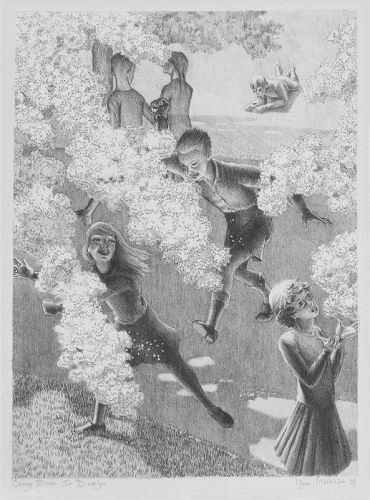 Kyra Markham, lithograph, "Cherry Bloom in Brooklyn, 1937"