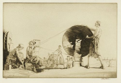 William Russell Flint etching, Aragonese String Makers, pencil signed