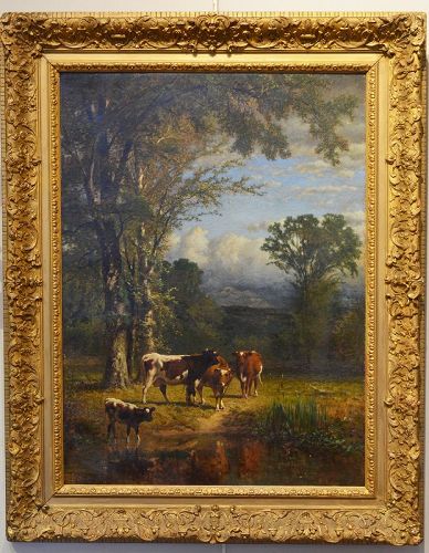 James McDougal Hart, oil on canvas, Cattle in landscape