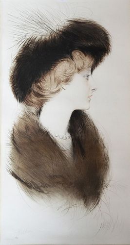 Beautiful Paul Helleu, color drypoint etching, Femme au Chapeau