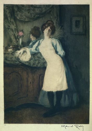 Manuel Robbe, La Coquette, color etching, french