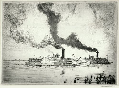 Otto Kuhler etching, steam boat races, pencil signed