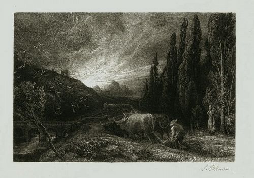 Samuel Palmer, pencil signed etching, Early Plowman