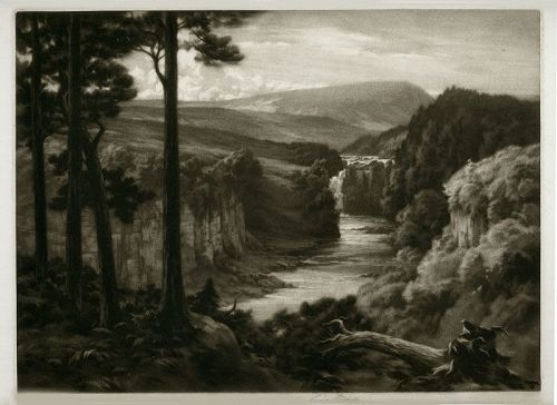 Percival Gaskell mezzotint, High Force, River Tess, signed
