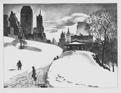 Louis Lozowick lithograph, Winter Fun, Central Park, N.Y.