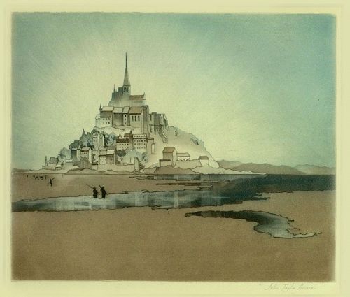 John Taylor Arms etching, Mont Saint Michel, signed