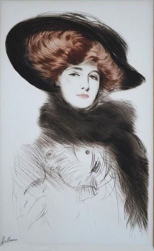 Paul Helleu drypoint etching, Woman in Elegant Chapeau