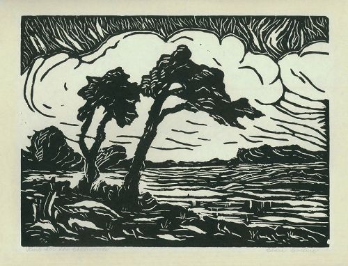 Clara Colline, woodblock, Wind in the Cottonwoods, 1920's