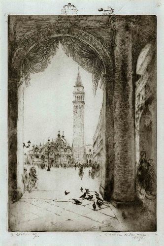 Edgar Chahine etching, La Basilica San Marco, Venice
