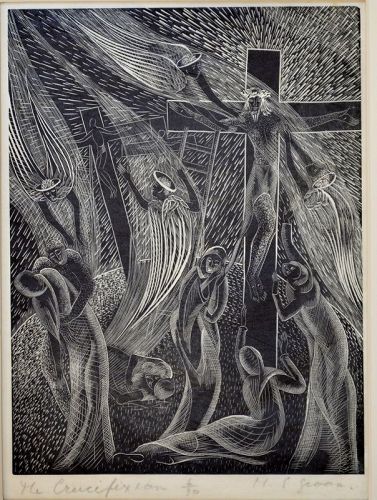 Mary E. Groom, wood engraving, The Crucifixion, signed