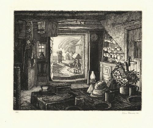 Robin Tanner etching, Gameskeepers Cottage, 1928