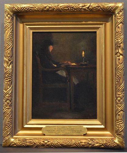 Hubert Von Herkomer, oil on board, Dinning alone, signed