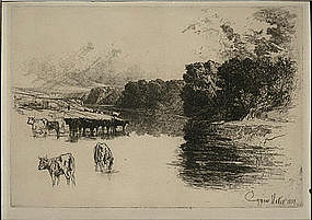 Seymour Haden etching, "A Lancashire River" 1881