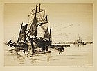 Charles Mielatz, Etching, "Whalers in the Harbor"