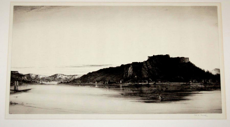 Fred Farrell, Etching, &quot;Village by a Lake&quot;