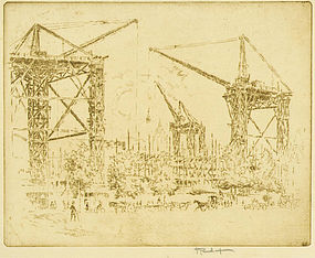 Joseph Pennell, etching, Great Cranes, South Kensington