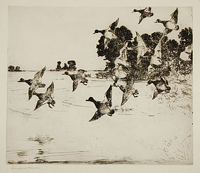 Frank Benson, etching, "The Passing Flock"