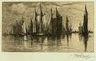Stephen Parrish, etching, "Sunset, Gloucester Harbor"