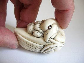 Japanese Netsuke of a Goose With Millet, Signed