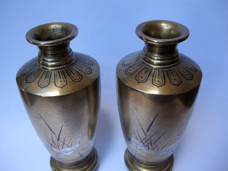 Japanese Miniature Pair of Mixed Metal Vases, Signed