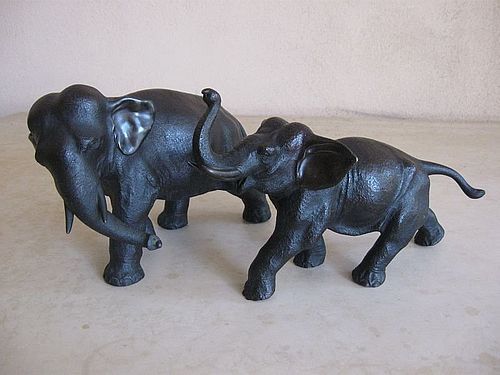 Japanese Pair of Bronze Meiji Elephants by the Same Artist, Signed