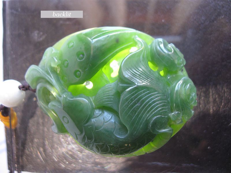 Chinese Green Jade Lotus and Koi Pendant