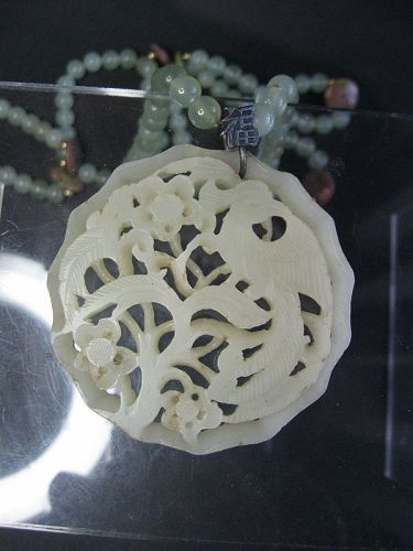 Chinese White Jade Phoenix Pendant, with Green Jade Beaded Chain