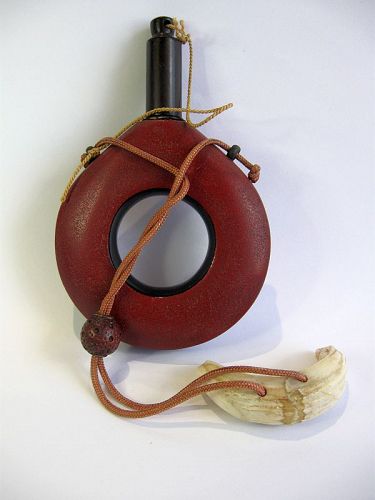 Japanese Lacquered Powder Flask and Boar's Tusk Netsuke