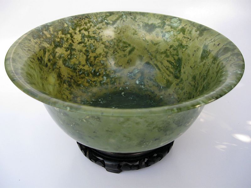 Large Chinese Spinach Jade Bowl on Stand