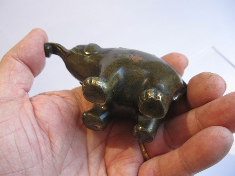 Chinese Early Bronze Scroll Weight / Censer of an Elephant, Inlaid