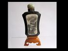 Chinese Horn Snuff Bottle with Scrimshaw and Wooden Stand, Signed