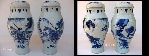 Chinese Pair of Rare Transitional Lidded Jars