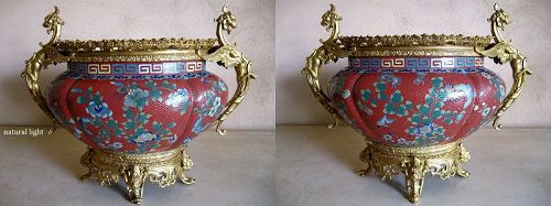 Chinese Large Cloisonne Jardiniere With French Ormolu Supports