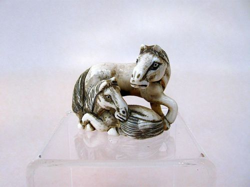 Japanese Carved Netsuke of a Mare and Foal, Signed Gyokuzan